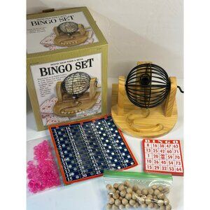 Deluxe Wooden Bingo Set with Cage Spinner & Board - Complete Game Kit
